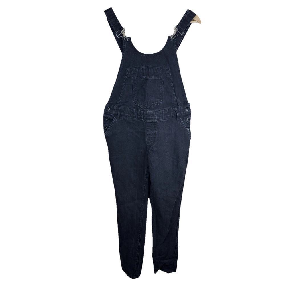 Zara Basic Black Denim Overalls Dungarees Women's Size L Slim Leg Faded Black